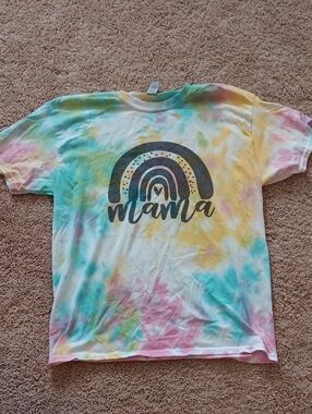 Gildan Pastel Tie-Dye 'Mama' Tee with Charcoal Rainbow Print